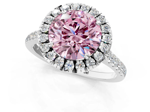 Platinum Fancy Pink Round Cut Diamond Cushion Halo Ring with Pavé Band