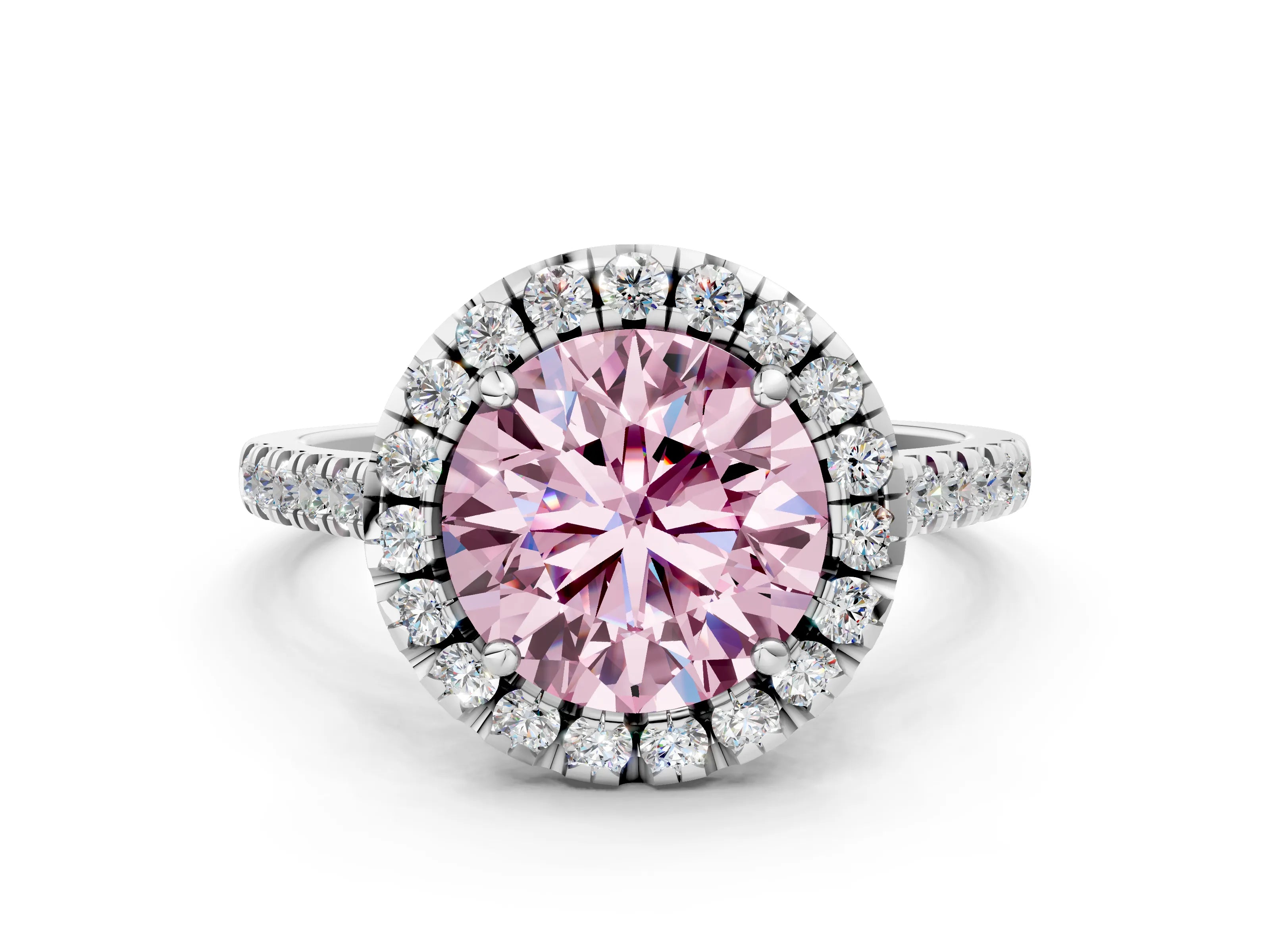 White gold Fancy Pink Round Cut Diamond Cushion Halo Ring with Pavé Band_12