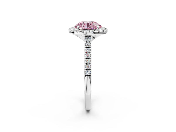 Platinum Fancy Pink Round Cut Diamond Cushion Halo Ring with Pavé Band