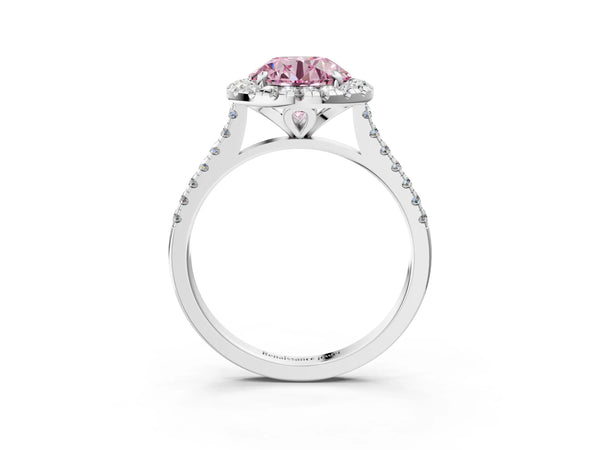 Platinum Fancy Pink Round Cut Diamond Cushion Halo Ring with Pavé Band
