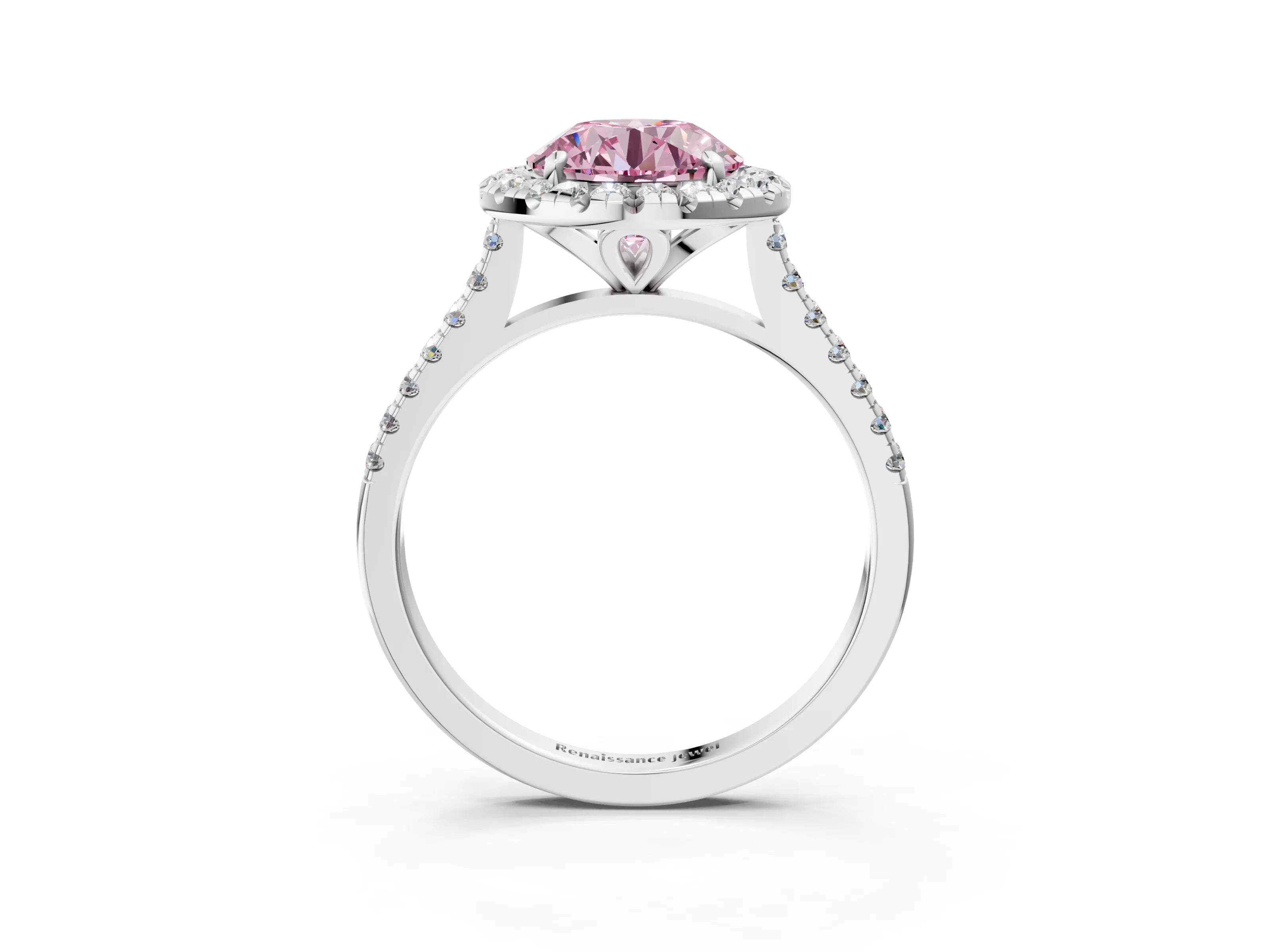 White gold Fancy Pink Round Cut Diamond Cushion Halo Ring with Pavé Band_3