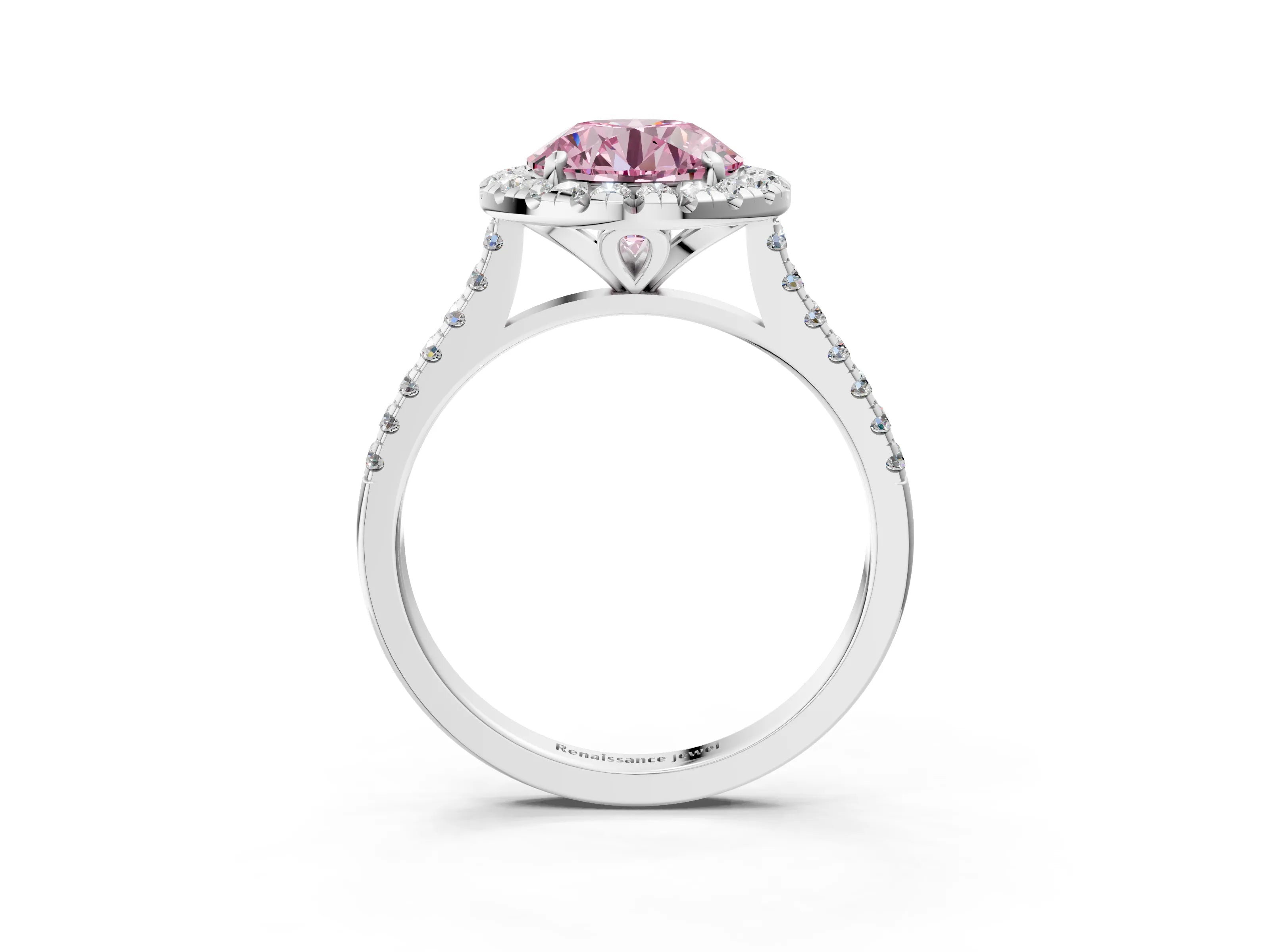 White gold Fancy Pink Round Cut Diamond Cushion Halo Ring with Pavé Band_3