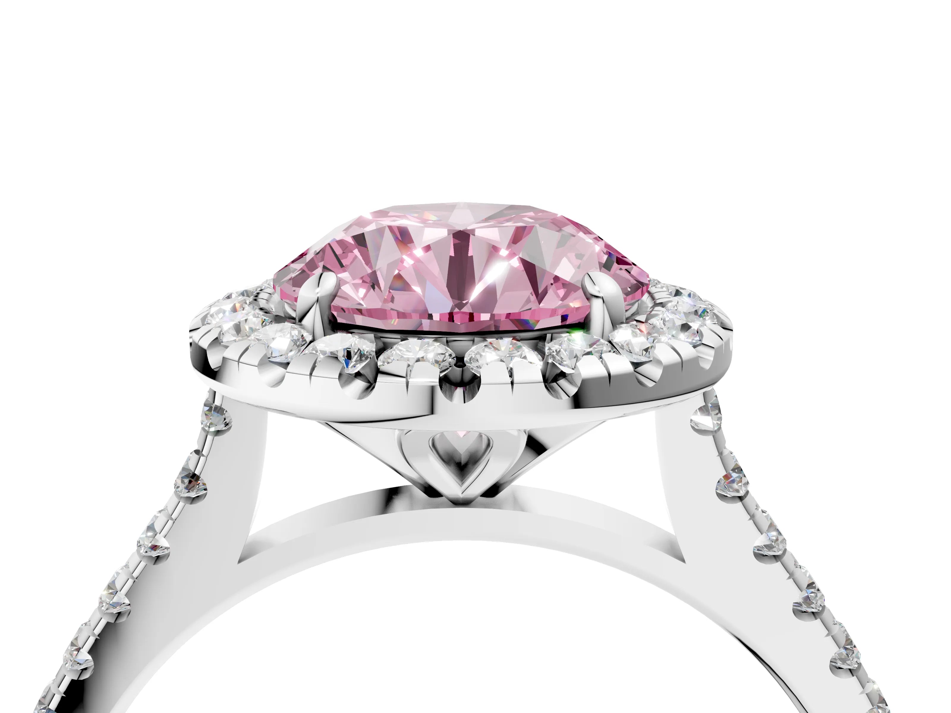 White gold Fancy Pink Round Cut Diamond Cushion Halo Ring with Pavé Band_4
