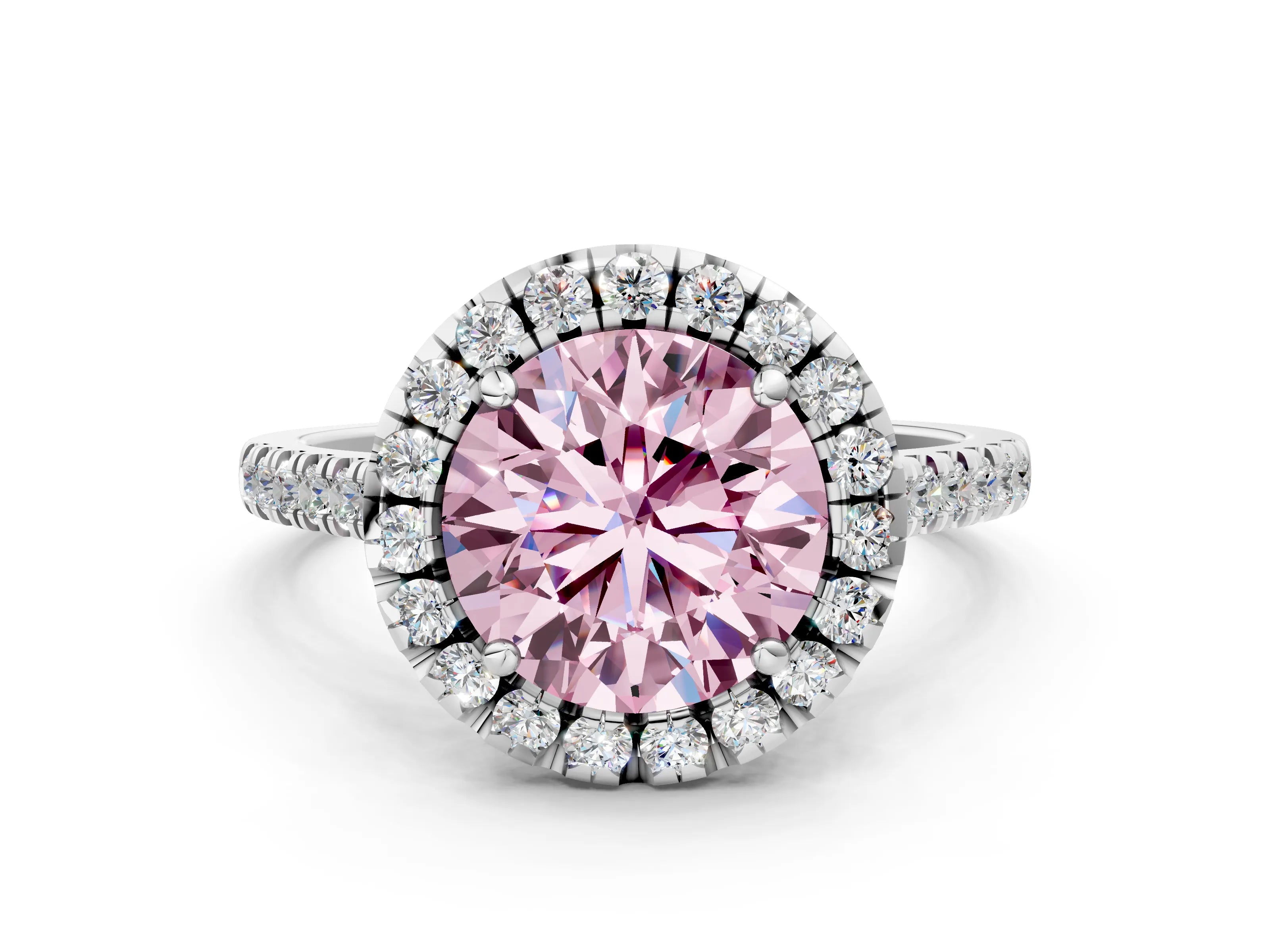 White gold Fancy Pink Round Cut Diamond Cushion Halo Ring with Pavé Band
