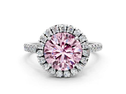 White gold Fancy Pink Round Cut Diamond Cushion Halo Ring with Pavé Band