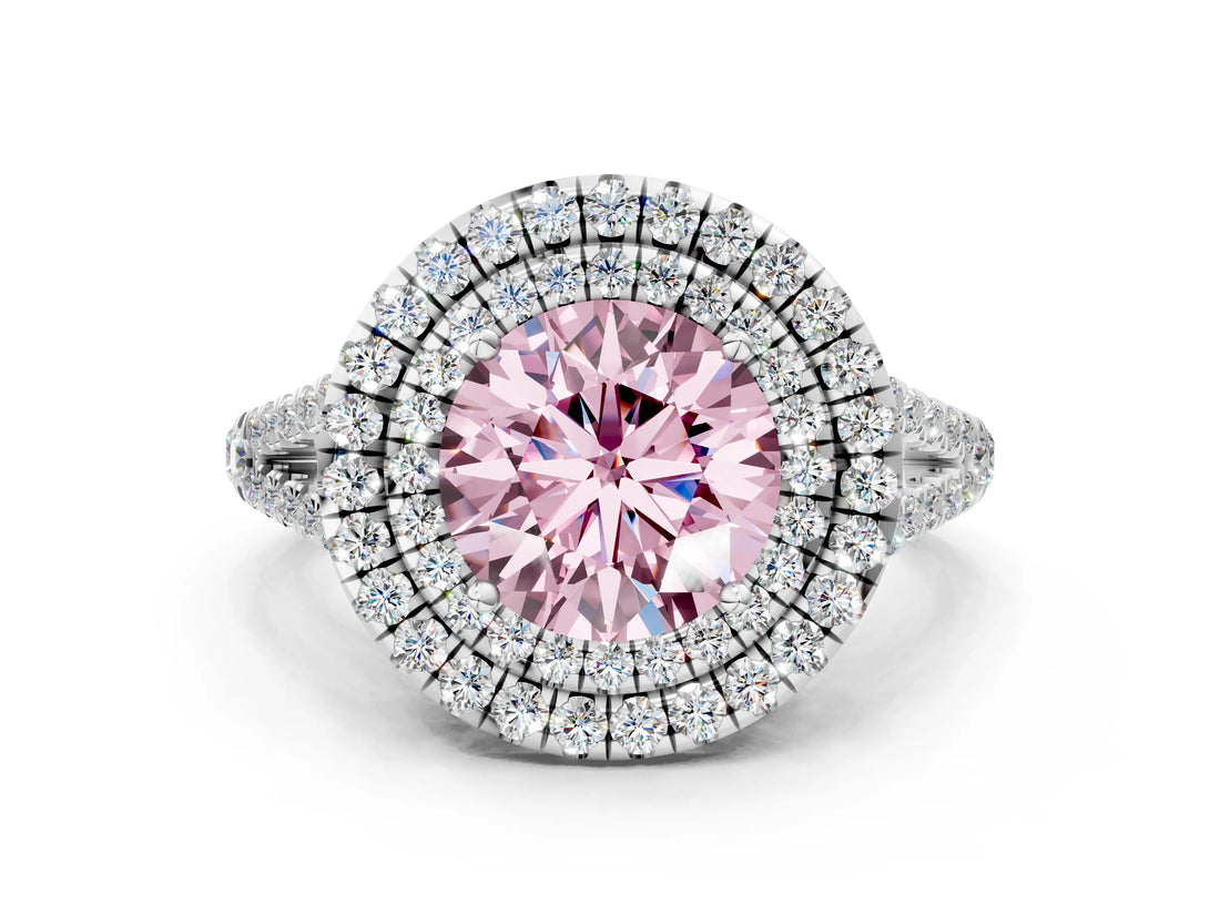 White gold Fancy Pink Round Cut Diamond Double Halo Ring with Pavé Band and Prong Setting_91