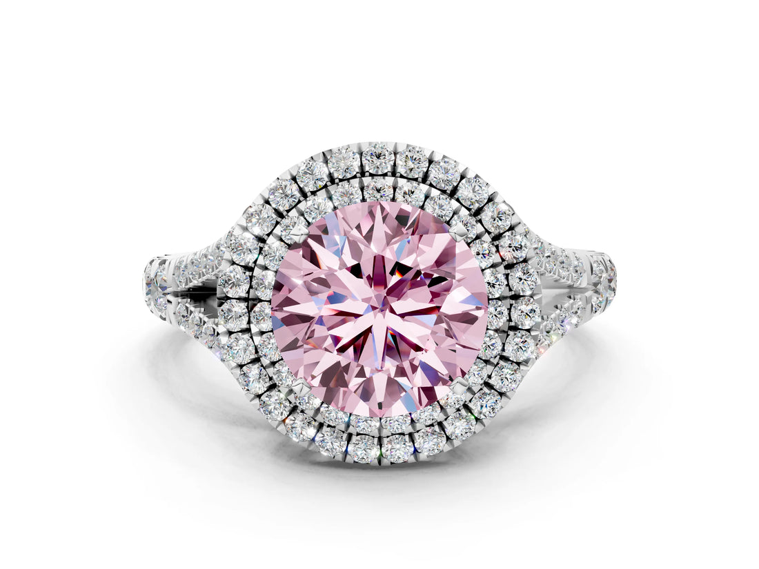 White gold Fancy Pink Round Cut Diamond Double Halo Ring with Split Shank and Prong Setting_27
