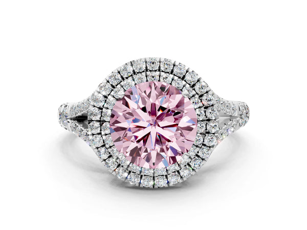 White gold Fancy Pink Round Cut Diamond Double Halo Ring with Split Shank and Prong Setting