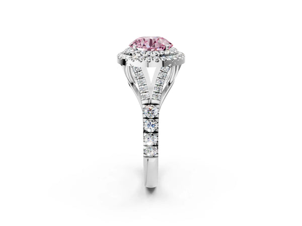White gold Fancy Pink Round Cut Diamond Double Halo Ring with Split Shank and Prong Setting