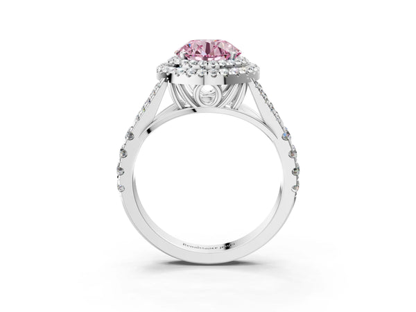 White gold Fancy Pink Round Cut Diamond Double Halo Ring with Split Shank and Prong Setting
