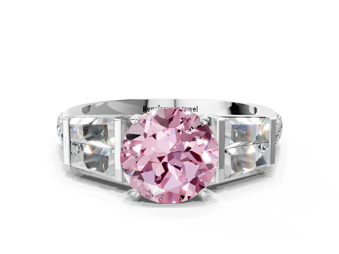 White gold Fancy Pink Round Cut Diamond Engagement Ring with Baguette Side Stones and Channel Set Band_29