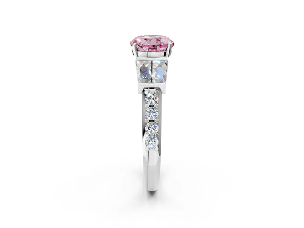 Platinum Fancy Pink Round Cut Diamond Engagement Ring with Baguette Side Stones and Channel Set Band