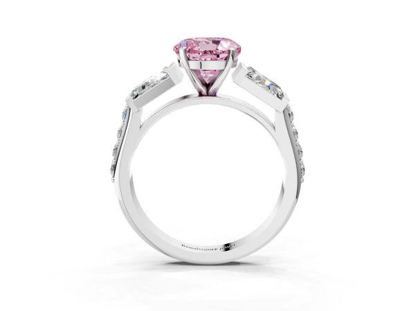 Platinum Fancy Pink Round Cut Diamond Engagement Ring with Baguette Side Stones and Channel Set Band