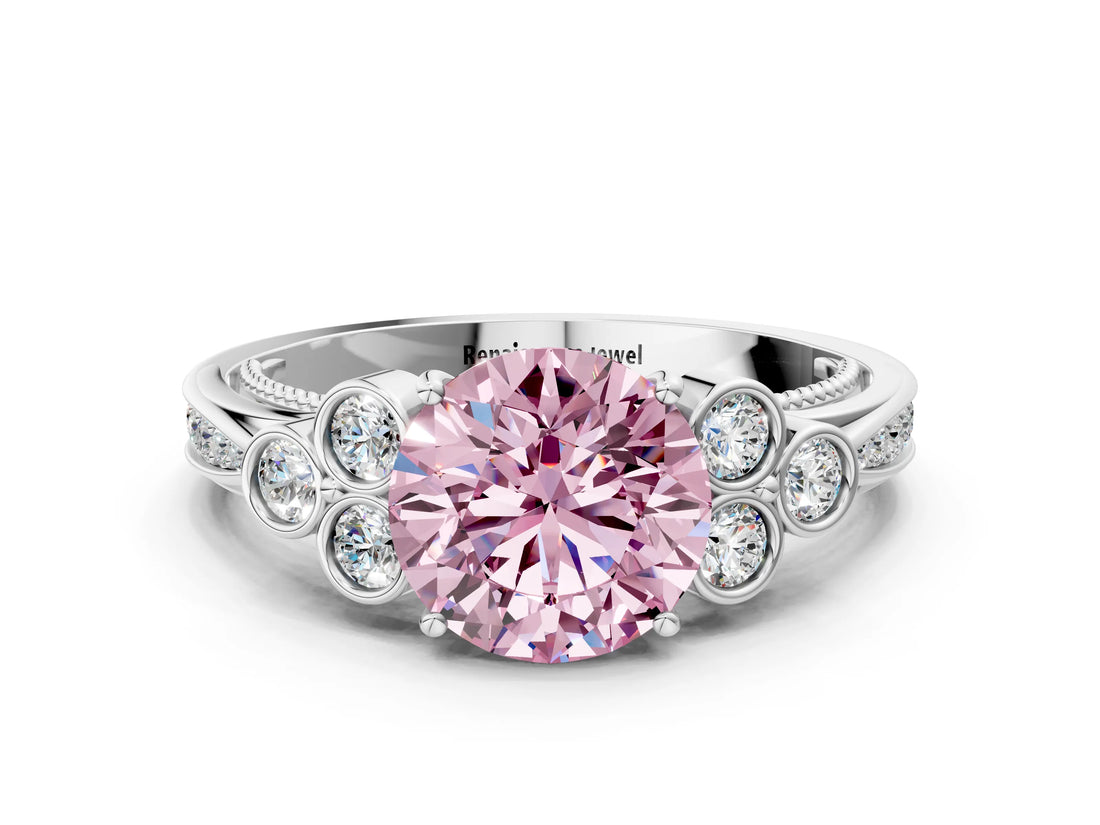 White gold Fancy Pink Round  Cut Diamond Engagement Ring with Bezel Set Round Side Stones and Prong Setting_24