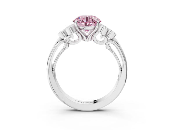 Platinum Round Engagement Ring Setting for Fancy Pink Center with Bezel-Set Shoulder Clusters
