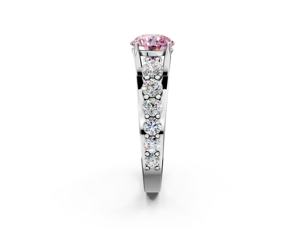 Platinum Fancy Pink Round Cut Diamond Engagement Ring with Pavé Band and Four-Prong Setting