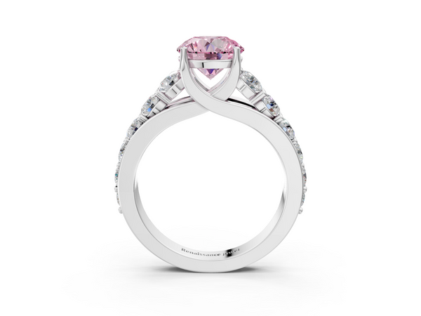 Platinum Fancy Pink Round Cut Diamond Engagement Ring with Pavé Band and Four-Prong Setting