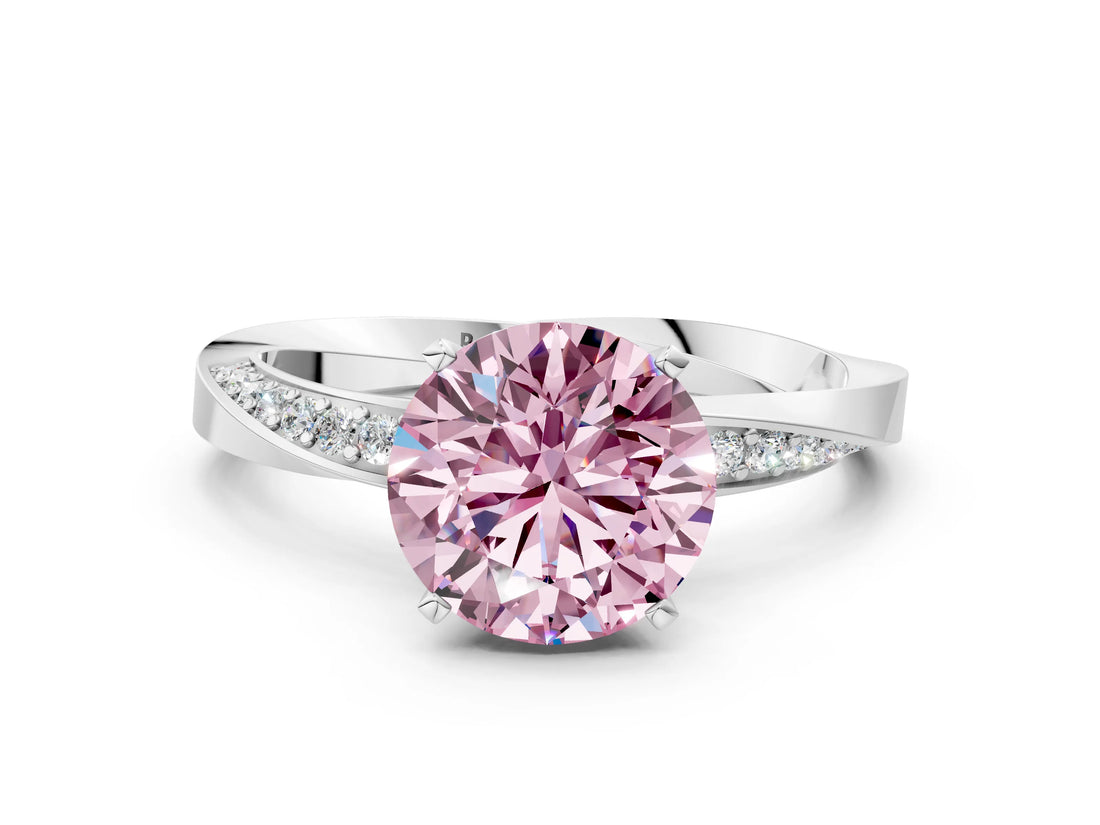White gold Fancy Pink Round Cut Diamond Engagement Ring with Side Stone Accents and Four-Prong Setting_12