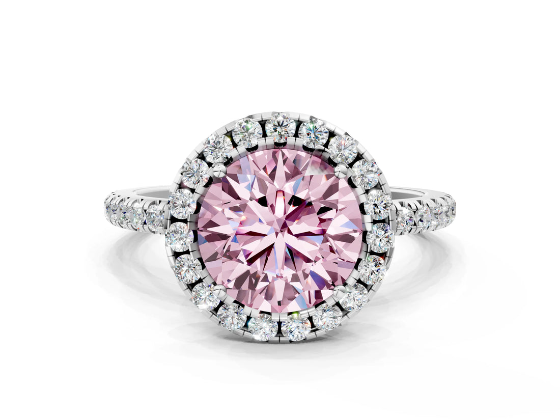 White gold Fancy Pink Round  Cut Diamond Floral Halo Engagement Ring with Pavé Band and Prong Setting_29