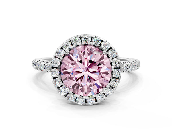 White gold Fancy Pink Round  Cut Diamond Floral Halo Engagement Ring with Pavé Band and Prong Setting