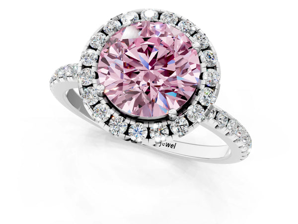 White gold Fancy Pink Round  Cut Diamond Floral Halo Engagement Ring with Pavé Band and Prong Setting