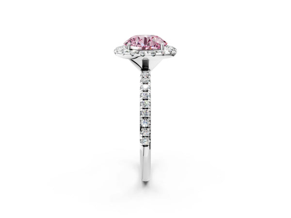 White gold Fancy Pink Round  Cut Diamond Floral Halo Engagement Ring with Pavé Band and Prong Setting