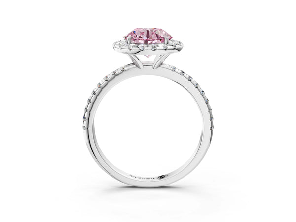 White gold Fancy Pink Round  Cut Diamond Floral Halo Engagement Ring with Pavé Band and Prong Setting