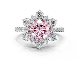 White gold Fancy Pink Round  Cut Diamond Floral Halo Pave Band with Prong Setting