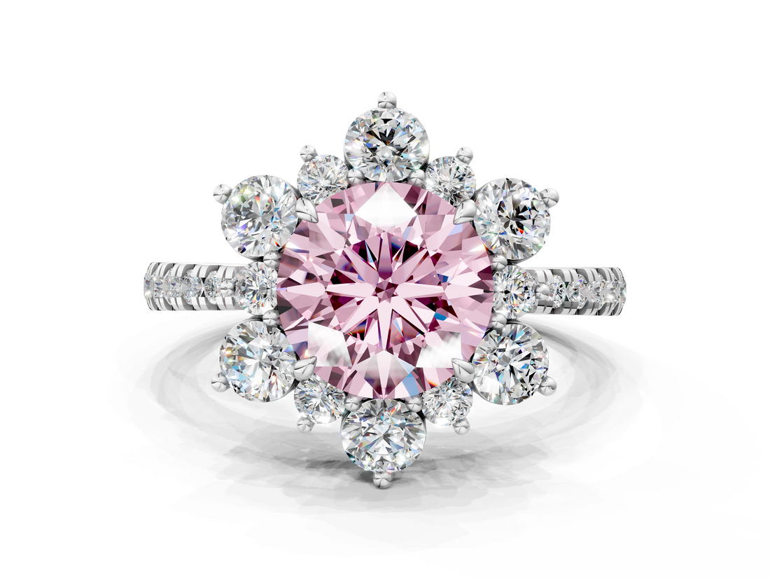White gold Fancy Pink Round  Cut Diamond Floral Halo Pave Band with Prong Setting