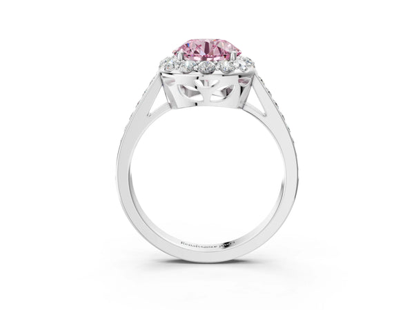 Platinum Fancy Pink Round Cut Diamond Floral Halo Ring with Pavé Band and Prong Setting
