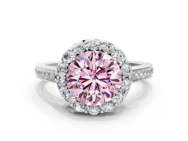 Platinum Fancy Pink Round Cut Diamond Floral Halo Ring with Pavé Band and Prong Setting