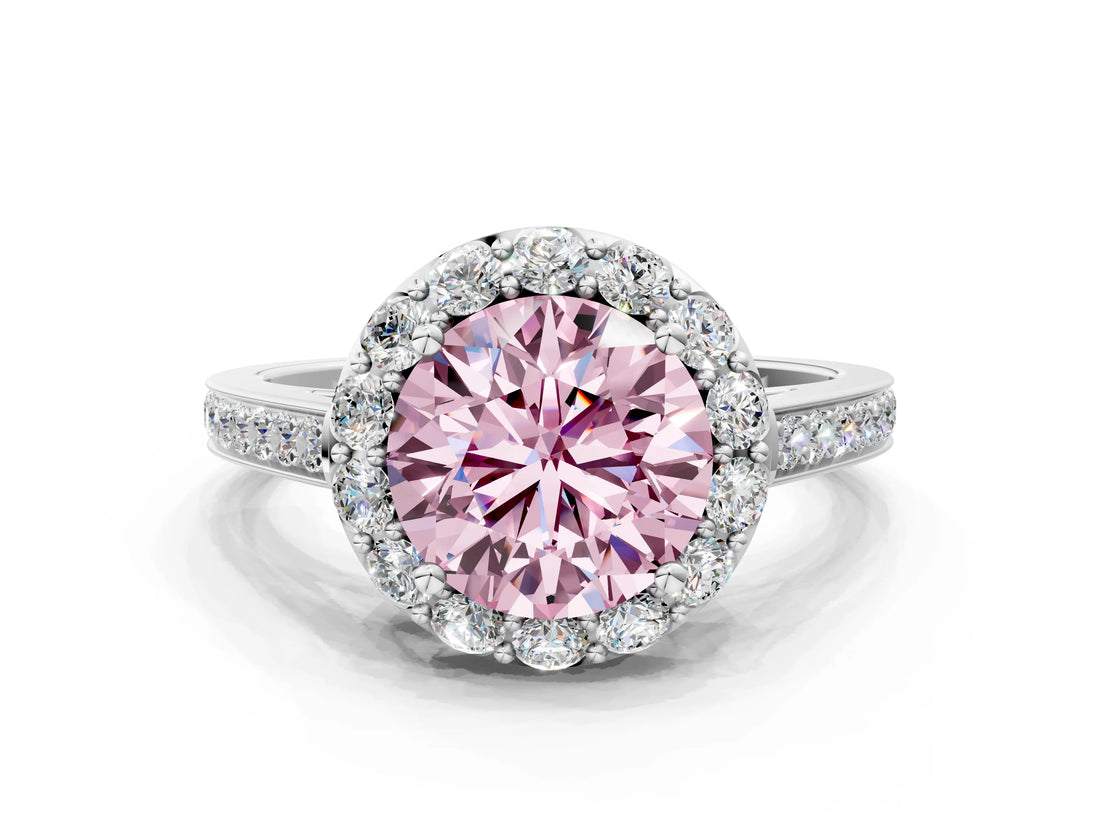 White gold Fancy Pink Round Cut Diamond Floral Halo Ring with Pavé Band and Prong Setting_7
