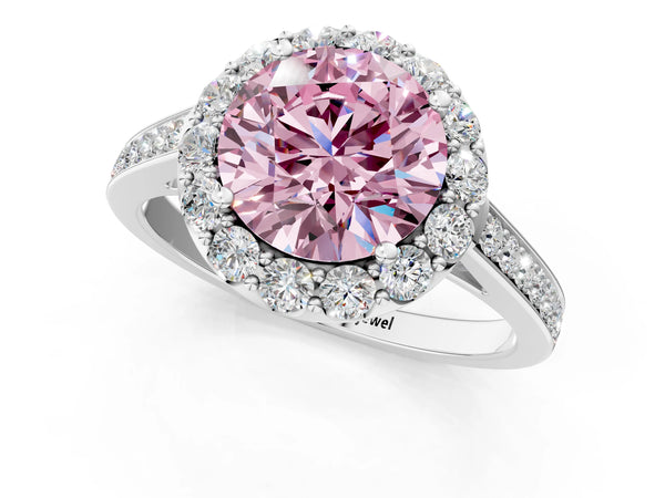 Platinum Fancy Pink Round Cut Diamond Floral Halo Ring with Pavé Band and Prong Setting