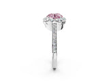 White gold Fancy Pink Round Cut Diamond Floral Halo Ring with Pavé Band and Prong Setting_9