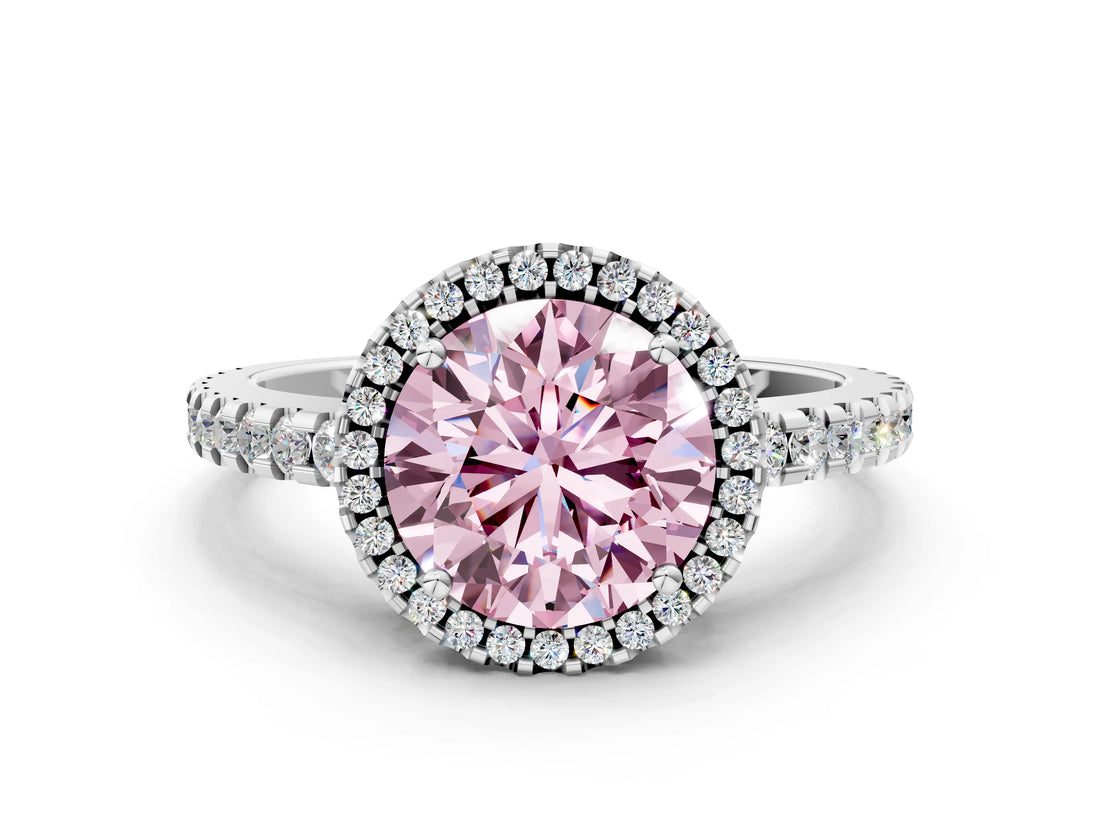 White gold Fancy Pink Round Cut Diamond Halo Engagement Ring with Pavé Band and Prong Setting_39