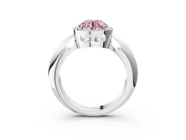 Platinum Fancy Pink Round  Cut Diamond Halo Engagement Ring with Split Shank and Four-Prong Setting