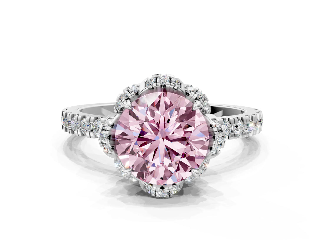 White gold Fancy Pink Round Cut Diamond Halo Pave Band with Four-Prong Setting_3