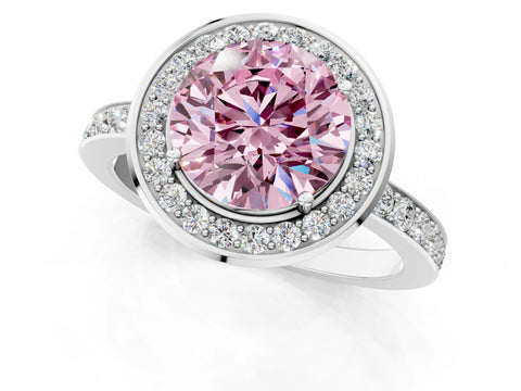 White gold Fancy Pink Round Cut Diamond Halo Ring with Bezel Frame and Pavé Band_1