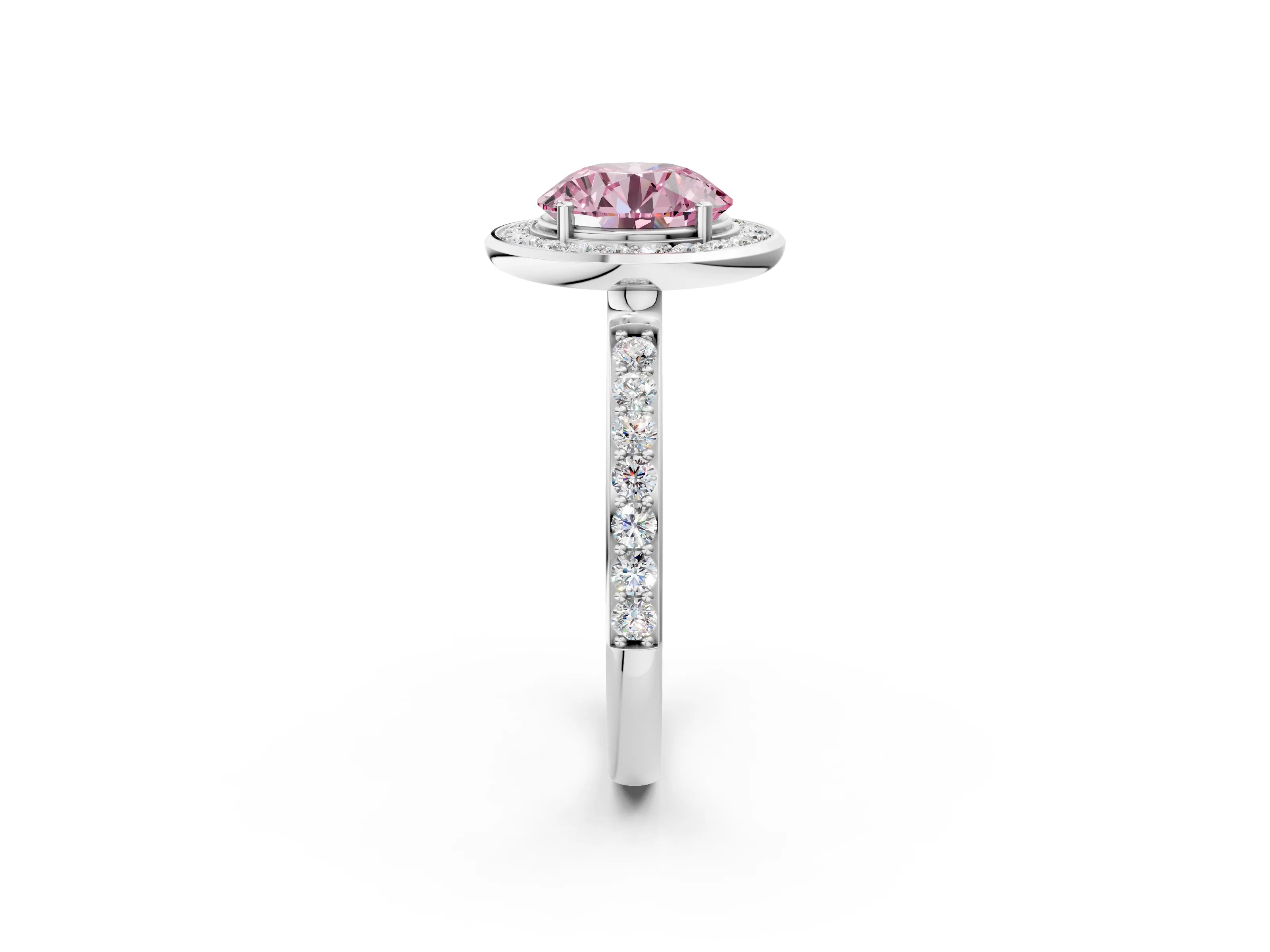 White gold Fancy Pink Round Cut Diamond Halo Ring with Bezel Frame and Pavé Band_2