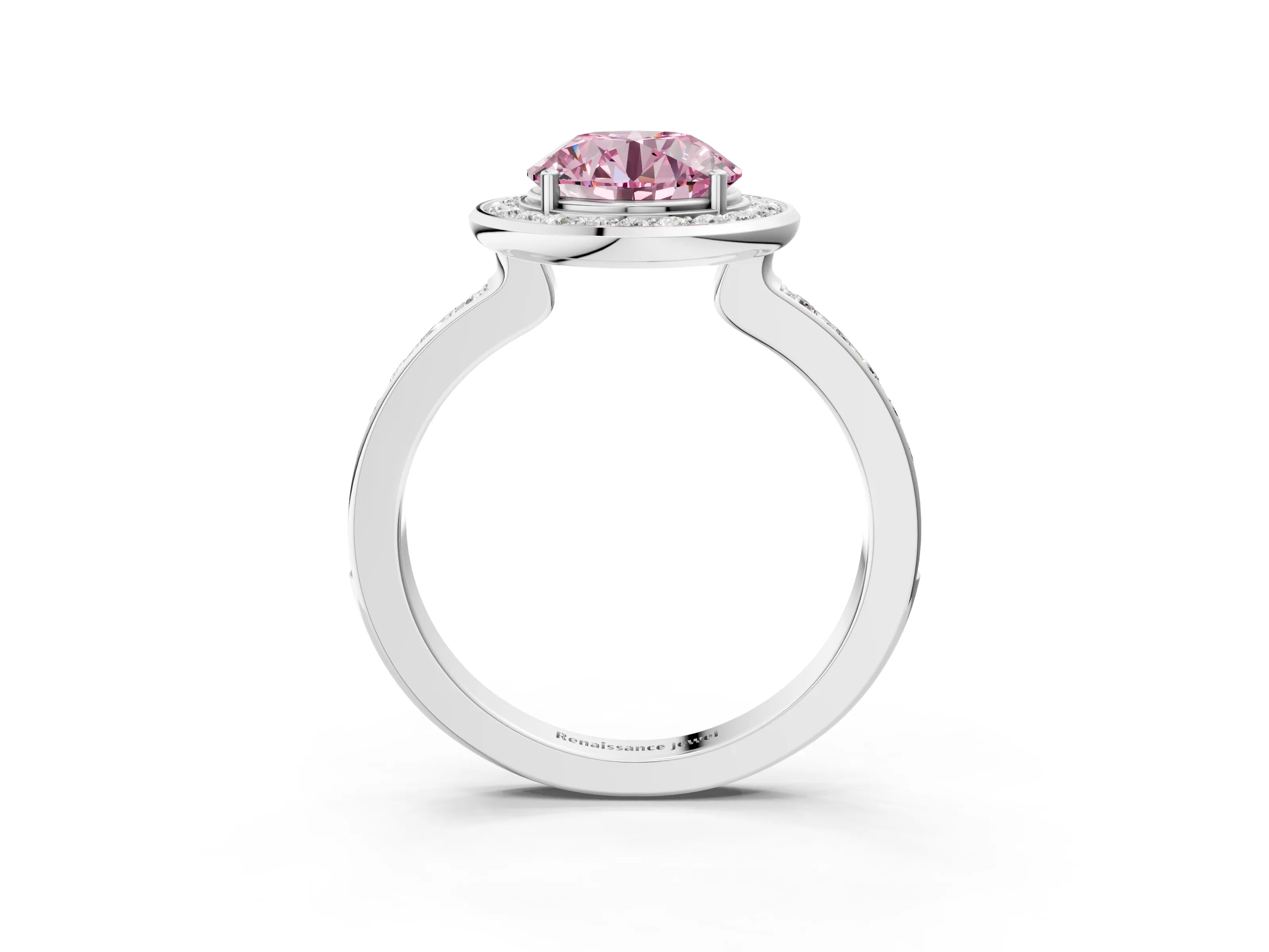 White gold Fancy Pink Round Cut Diamond Halo Ring with Bezel Frame and Pavé Band_3