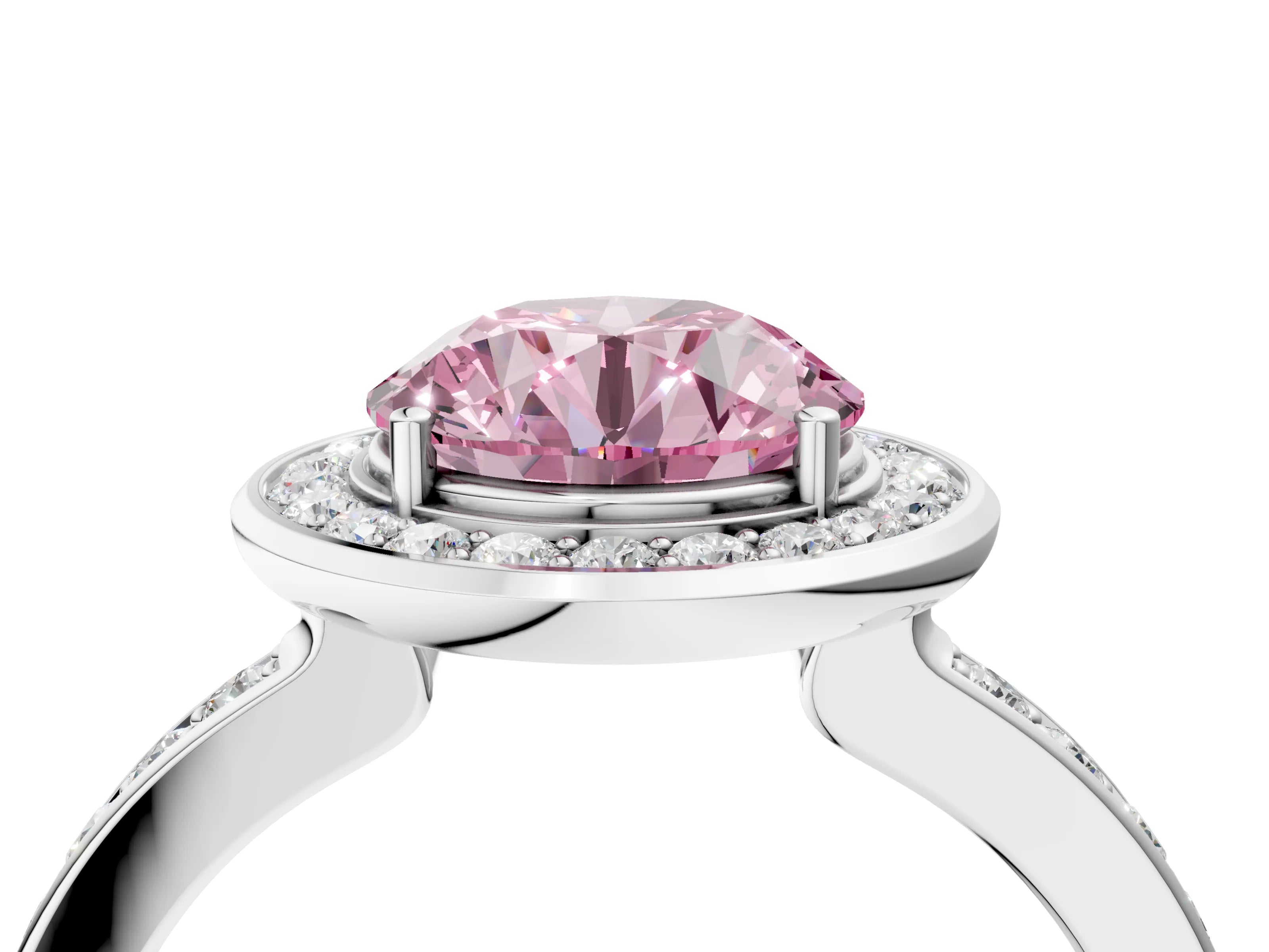 White gold Fancy Pink Round Cut Diamond Halo Ring with Bezel Frame and Pavé Band_4
