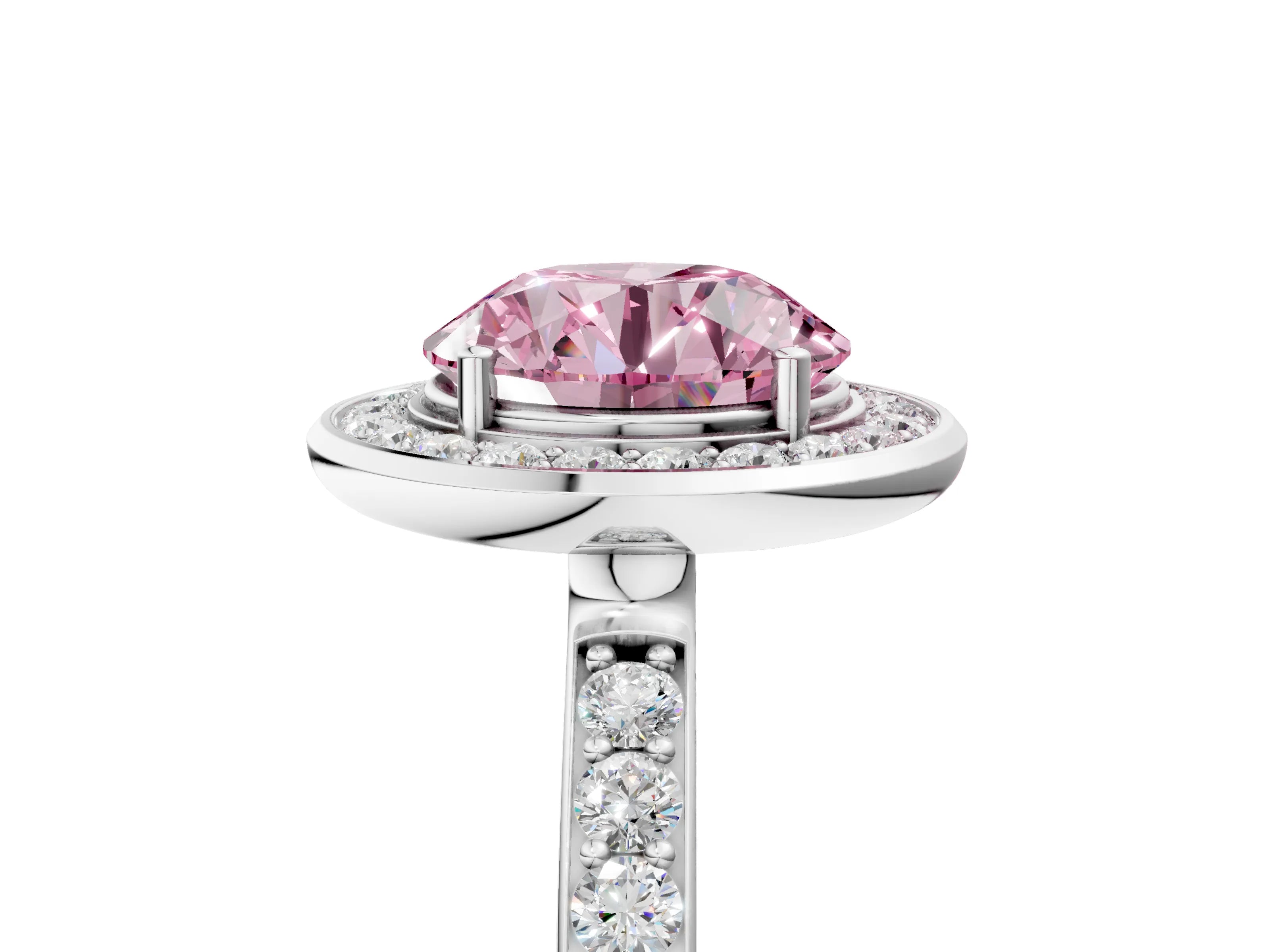 White gold Fancy Pink Round Cut Diamond Halo Ring with Bezel Frame and Pavé Band_5