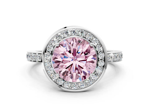White gold Fancy Pink Round Cut Diamond Halo Ring with Bezel Frame and Pavé Band
