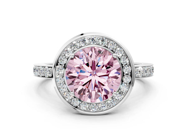 White gold Fancy Pink Round Cut Diamond Halo Ring with Bezel Frame and Pavé Band