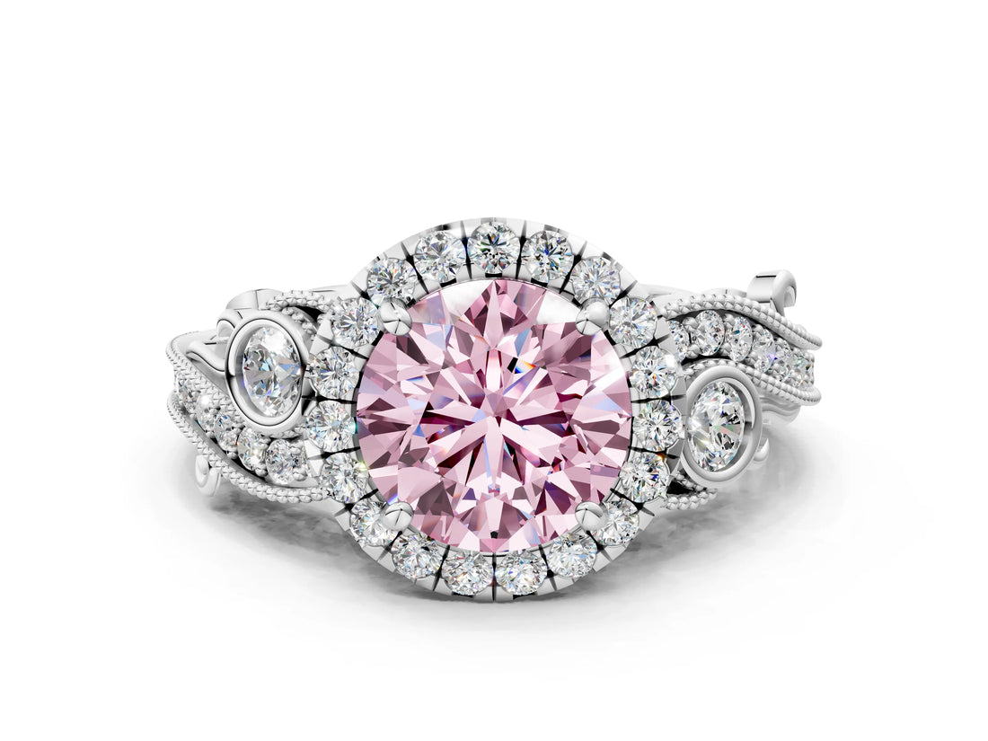 White gold Fancy Pink Round Cut Diamond Halo Ring with Milgrain Pavé Band and Four-Prong Setting_28