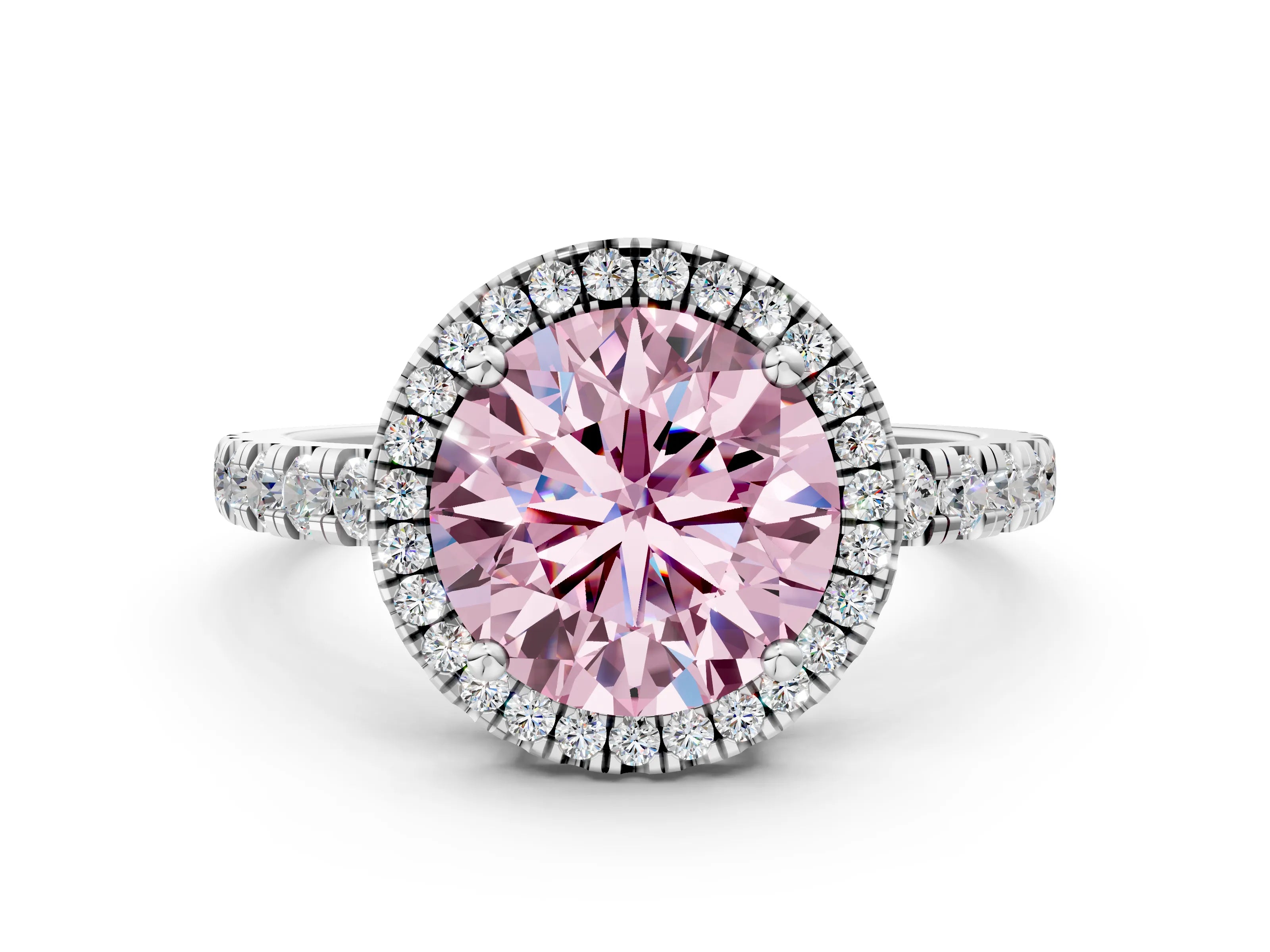White gold Fancy Pink Round Cut Diamond Halo Ring with Pavé Band and Four-Prong Setting_12
