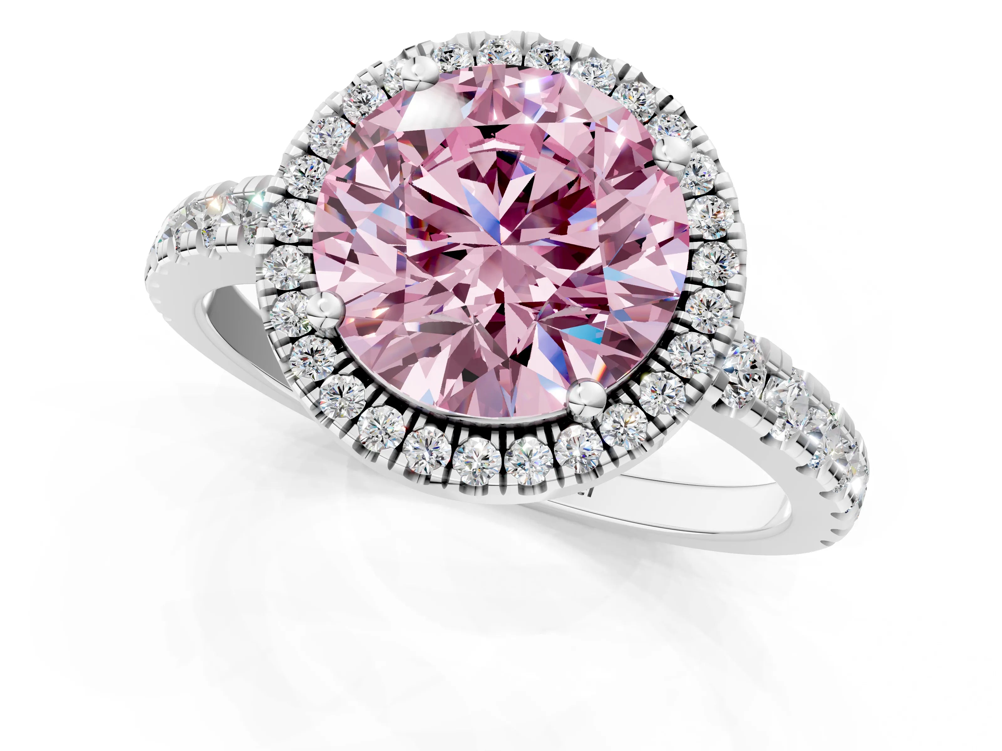 White gold Fancy Pink Round Cut Diamond Halo Ring with Pavé Band and Four-Prong Setting_13