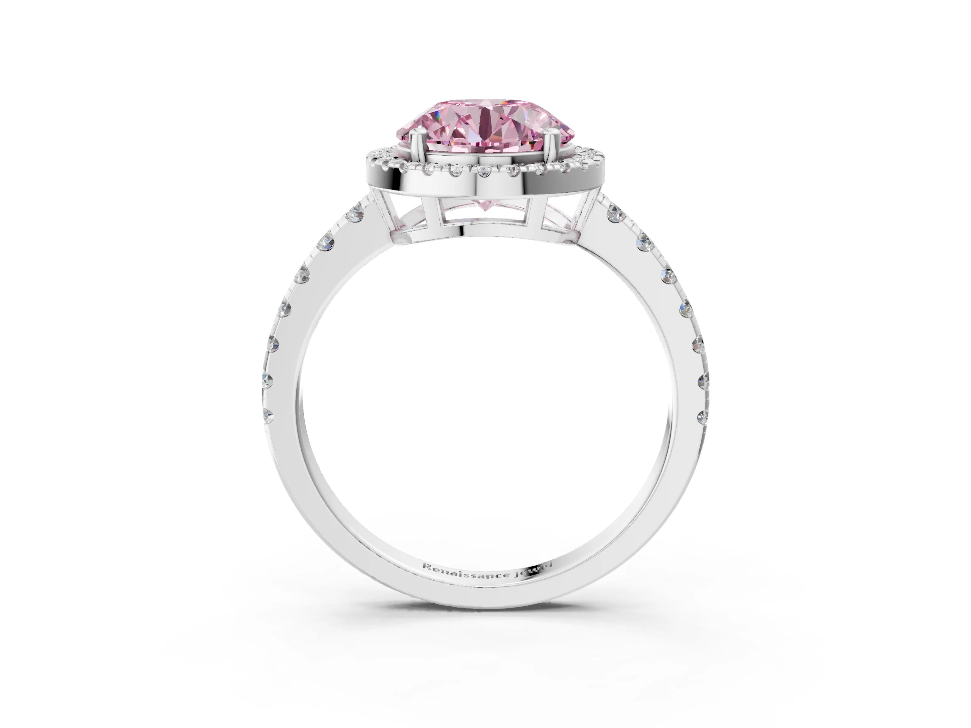 White gold Fancy Pink Round Cut Diamond Halo Ring with Pavé Band and Four-Prong Setting_15