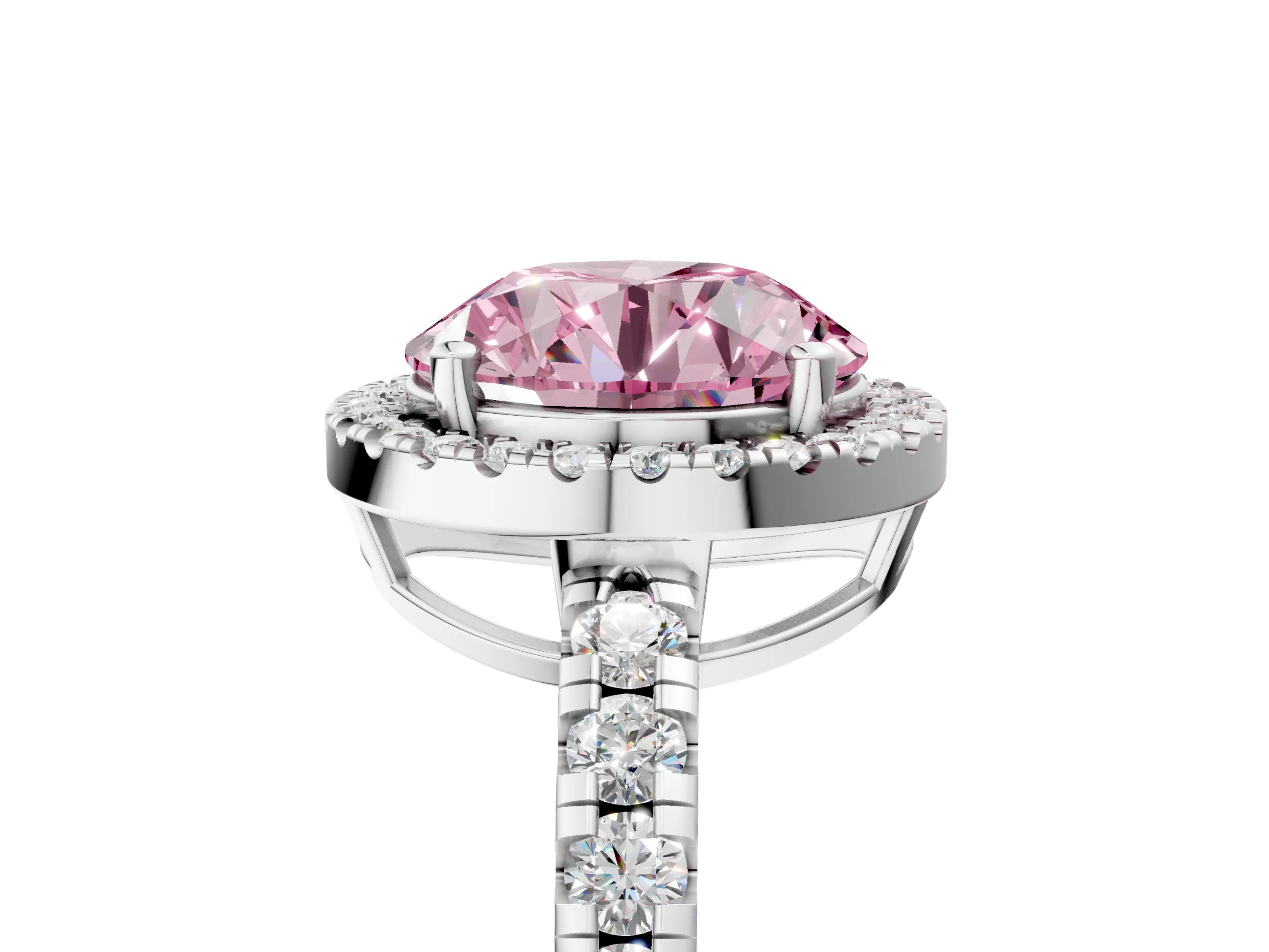 White gold Fancy Pink Round Cut Diamond Halo Ring with Pavé Band and Four-Prong Setting_17