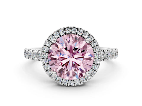White gold Fancy Pink Round Cut Diamond Halo Ring with Pavé Band and Four-Prong Setting